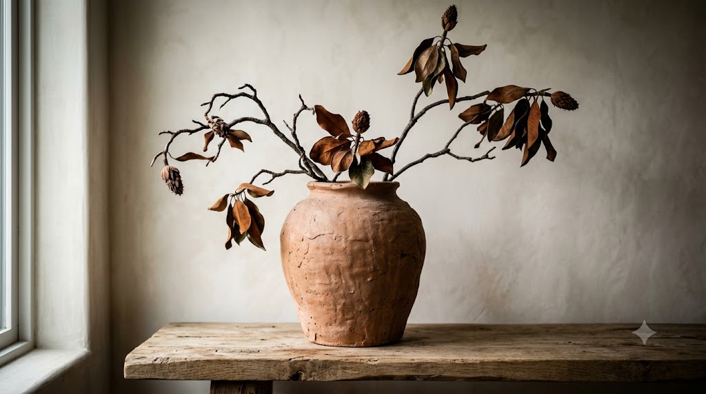 Wabi-Sabi Hand-Molded Clay Vases & Dried Branches